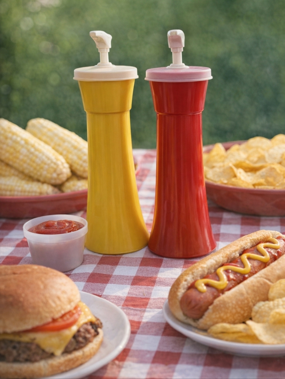 Vintage Tupperware Ketchup Mustard Pump Dispensers Set Yellow Red